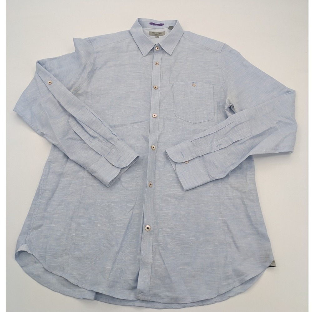 Ted Baker Shirt Mens 4 Blue Linen Blend Chambray Shirt Roll-up Tab Sleeves*FLAW*